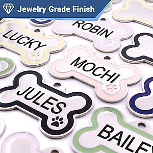 GoTags Personalized Stainless Steel with Enamel Paw Design Bone Shaped Pet ID Tag, Charcoal, Regular
