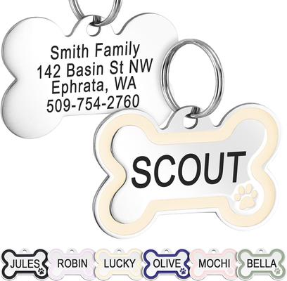 Show full view: GoTags Personalized Stainless Steel with Enamel Paw Design Bone Shaped Pet ID Tag, Cream, Regular slide 1 of 8