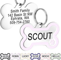GoTags Personalized Stainless Steel with Enamel Paw Design Bone Shaped Pet ID Tag, Lavender, Regular slide 1 of 7