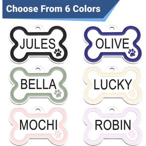 GoTags Personalized Stainless Steel with Enamel Paw Design Bone Shaped Pet ID Tag, Navy Blue, Regular