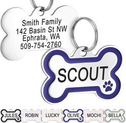 GoTags Personalized Stainless Steel with Enamel Paw Design Bone Shaped Pet ID Tag, Navy Blue, Small