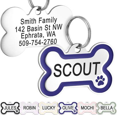 Show full view: GoTags Personalized Stainless Steel with Enamel Paw Design Bone Shaped Pet ID Tag, Navy Blue, Small slide 1 of 8