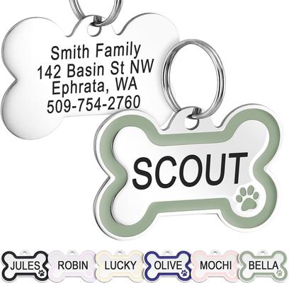 Show full view: GoTags Personalized Stainless Steel with Enamel Paw Design Bone Shaped Pet ID Tag, Sage, Regular slide 1 of 8