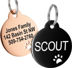 GoTags Round with Paw Cutout Stainless Steel Personalized Dog & Cat ID Tag, Black, Small