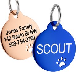 GoTags Round with Paw Cutout Stainless Steel Personalized Dog & Cat ID Tag, Blue, Small