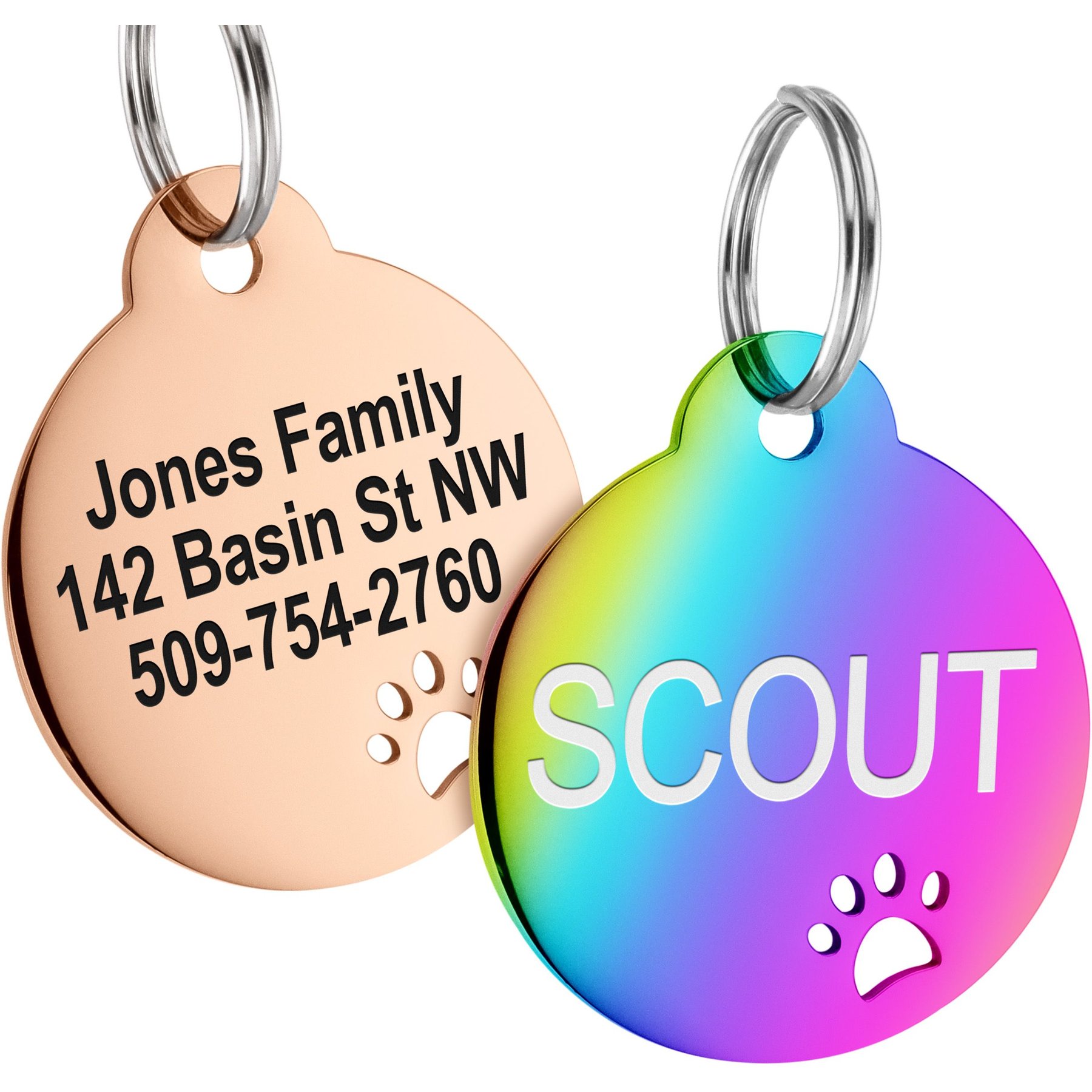 GoTags Round with Paw Cutout Stainless Steel Personalized Dog & Cat ID Tag, Rainbow, Small