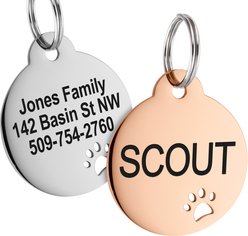 GoTags Round with Paw Cutout Stainless Steel Personalized Dog & Cat ID Tag, Rose Gold, Small