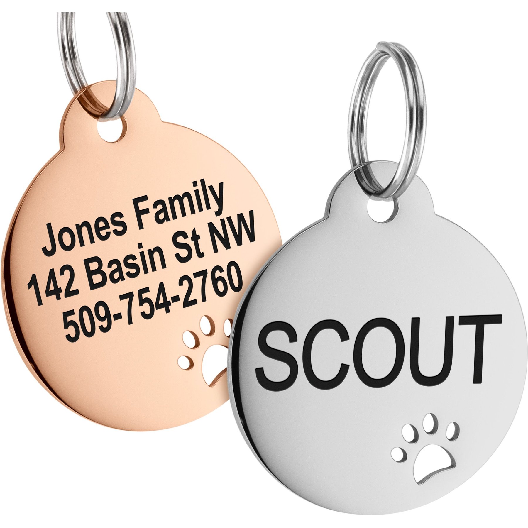 GoTags Round with Paw Cutout Stainless Steel Personalized Dog & Cat ID Tag, Silver, Small