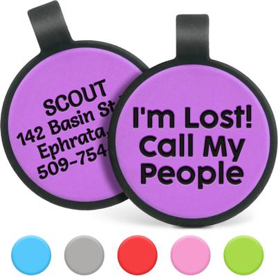 Show full view: GoTags Silent Silicone I'm Lost! Call My People Personalized Dog ID Tag, Purple slide 1 of 3