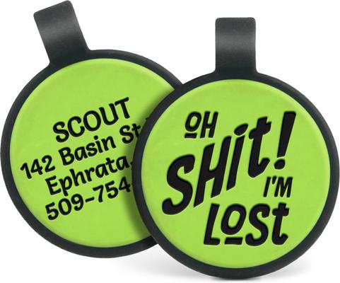 Show full view: GoTags Silent Silicone Oh Shit! I'm Lost Personalized Dog ID Tag, Green slide 1 of 4