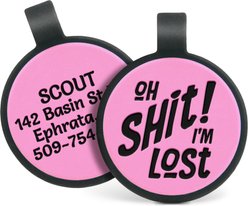 GoTags Silent Silicone Oh Shit! I'm Lost Personalized Dog ID Tag, Pink