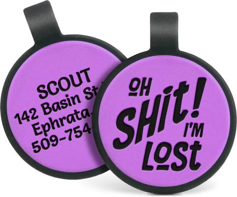 Show full view: GoTags Silent Silicone Oh Shit! I'm Lost Personalized Dog ID Tag, Purple slide 1 of 5