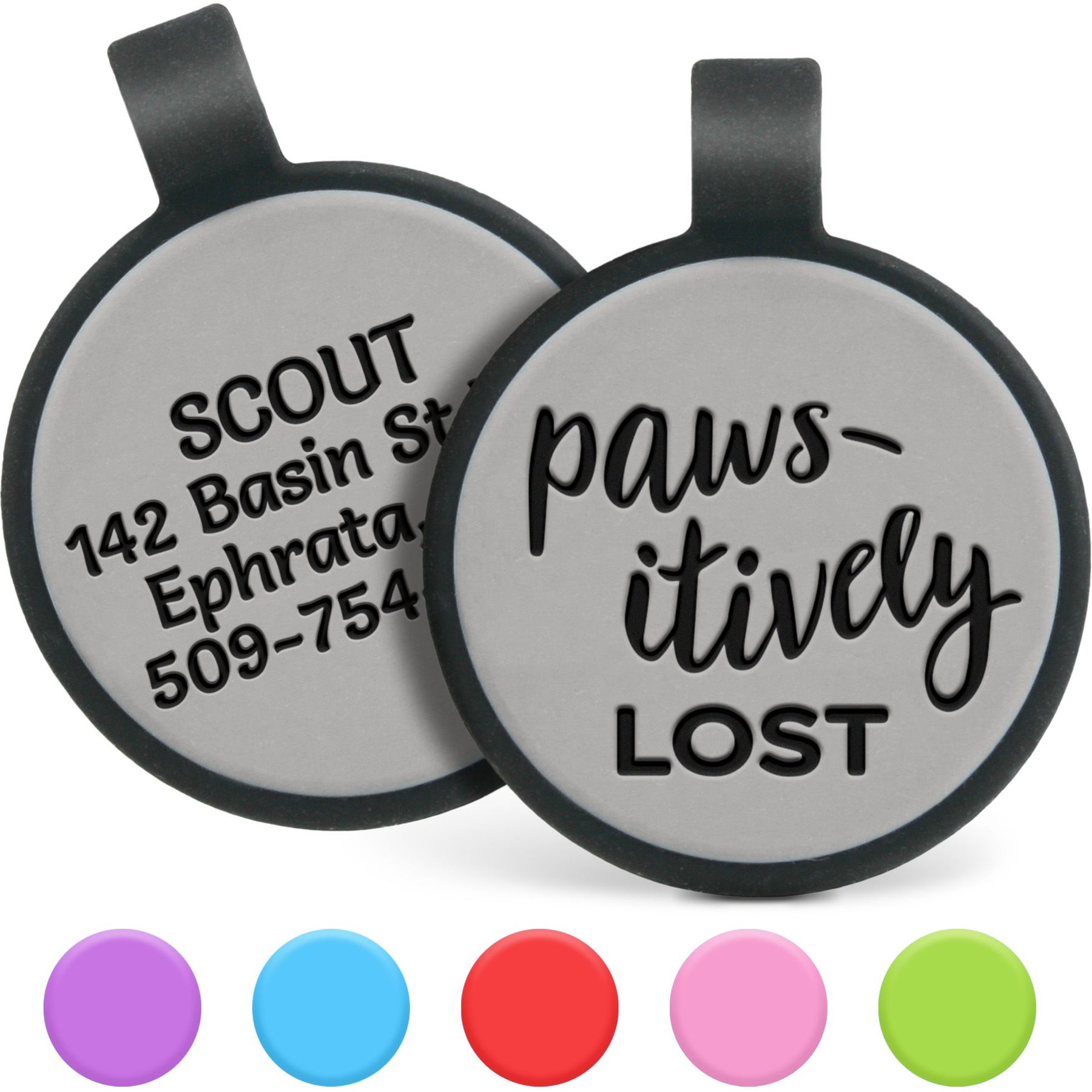 GoTags Silent Silicone Pawsitively Lost Personalized Dog ID Tag, Grey