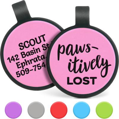 Show full view: GoTags Silent Silicone Pawsitively Lost Personalized Dog ID Tag, Pink slide 1 of 3