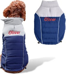 GoTags Christmas Winter Puffer Personalized Dog Coat, Blue, X-Small