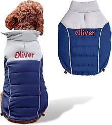 GoTags Christmas Winter Puffer Personalized Dog Coat, Blue, XXX-Large