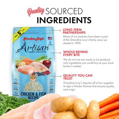 Show full view: Grandma Lucy's Artisan Grain-Free Chicken & Fish Freeze-Dried Cat Food, 1-lb bag slide 5 of 11