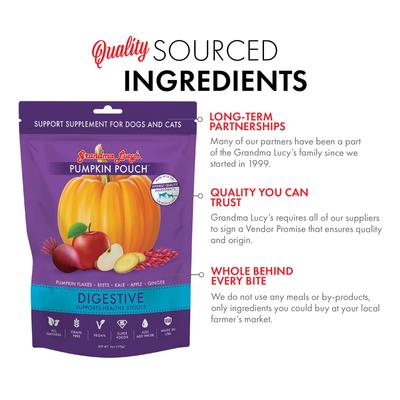 Show full view: Grandma Lucy's Pumpkin Pouch Digestive Freeze-Dried Dog & Cat Food Topper, 6-oz bag slide 5 of 9