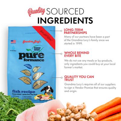 Show full view: Grandma Lucy's Pureformance Fish Recipe Grain-Free Freeze-Dried Dog Food, 1-lb bag slide 5 of 12