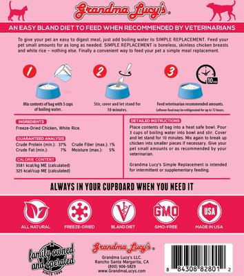 Show full view: Grandma Lucy's Simple Replacement Anti-Diarrhea Freeze-Dried Dog & Cat Meal Replacement, 7-oz bag slide 3 of 11