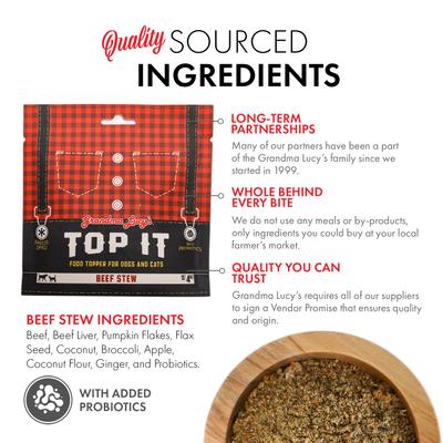 Show full view: Grandma Lucy's Top It Beef Stew Grain-Free Dry Dog & Cat Food Topping, 4-oz bag slide 7 of 10
