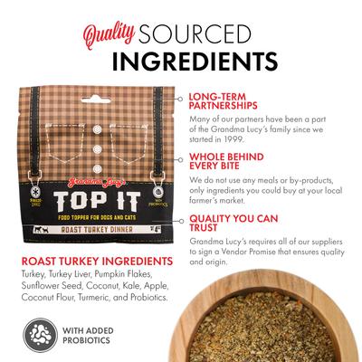 Show full view: Grandma Lucy's Top It Turkey Dinner Grain-Free Dry Dog & Cat Food Topping, 4-oz bag slide 7 of 9