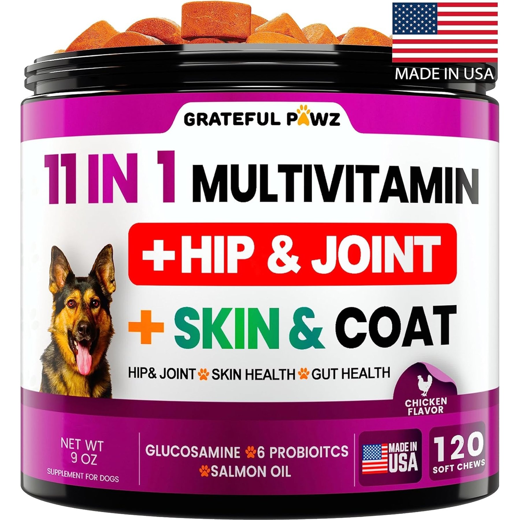 Grateful Pawz 11 in 1 Multivitamin with Glucosamine Salmon Flavored Chew Supplement for Dogs, 120 count
