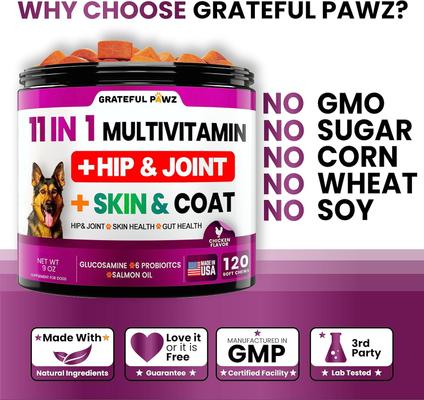 Show full view: Grateful Pawz 11 in 1 Multivitamin with Glucosamine Salmon Flavored Chew Supplement for Dogs, 120 count slide 6 of 6