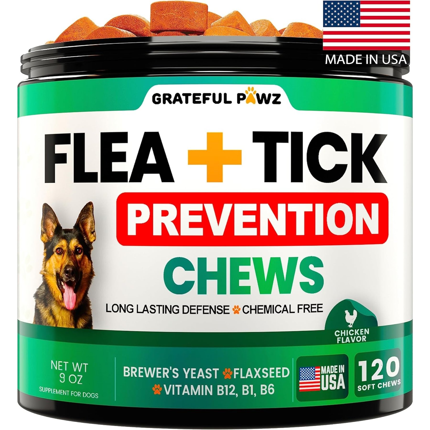 Grateful Pawz Flea & Tick Prevention Chew Supplement for Dogs, 120 count