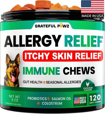 Show full view: Grateful Pawz Itch & Allergy Relief with Probiotics & Omega-3 Fish Oil Chicken Flavored Chew Supplement for Dogs, 120 count slide 1 of 6