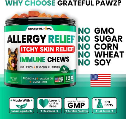 Show full view: Grateful Pawz Itch & Allergy Relief with Probiotics & Omega-3 Fish Oil Chicken Flavored Chew Supplement for Dogs, 120 count slide 5 of 6
