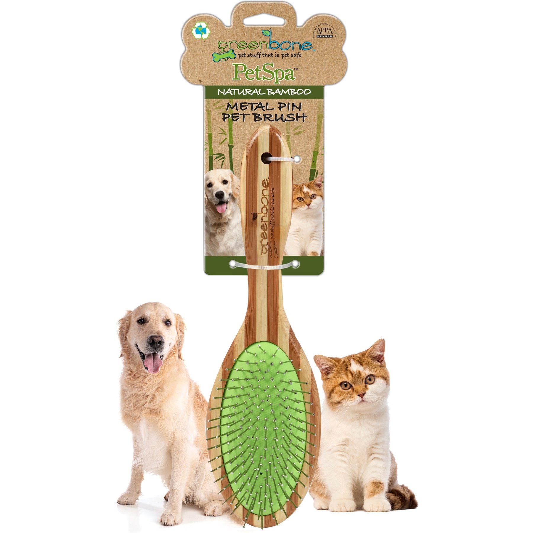 Greenbone Pet Spa Metal Pin Brush, All-Natural Bamboo Grooming Brush for Dogs & Cats, Large