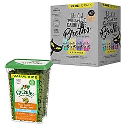 Greenies Feline Oven Roasted Chicken Flavor Adult Dental Cat Treats, 9.75-oz tub + Tiki Cat Broths Variety Pack Grain-free Wet Cat Food Topper, 1.3-oz pouch, case of 12