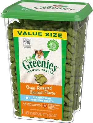 Show full view: Greenies Feline Oven Roasted Chicken Flavor Adult Dental Cat Treats, 9.75-oz tub + Tiki Cat Broths Variety Pack Grain-free Wet Cat Food Topper, 1.3-oz pouch, case of 12 slide 6 of 9