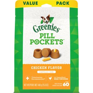 Greenies Pill Pockets Canine Chicken Flavor Dog Treats, Capsule Size, 60 count