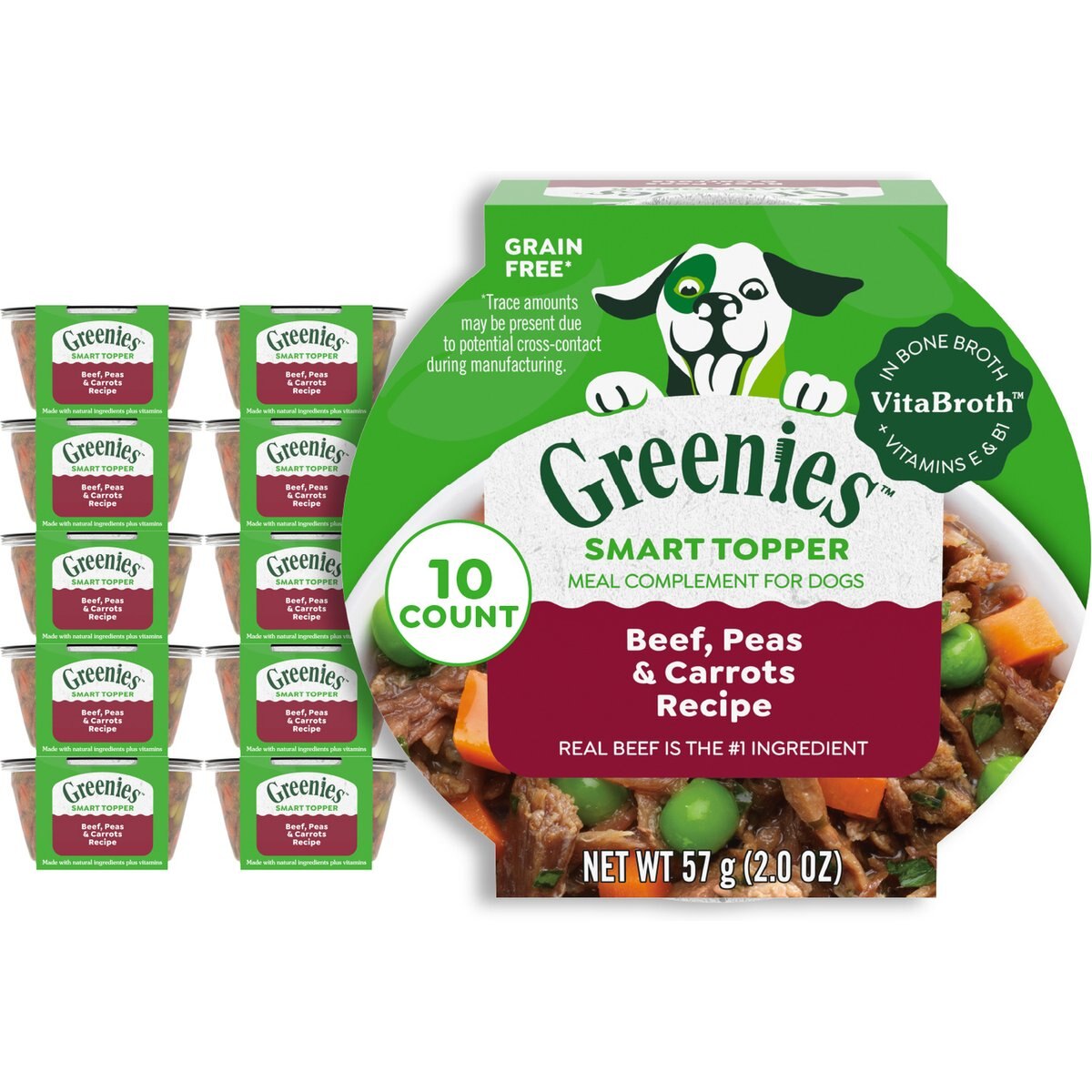 Greenies Smart Topper Beef, Peas & Carrots Recipe Grain-Free Wet Dog Food Topper, 2-oz tray, case of 10