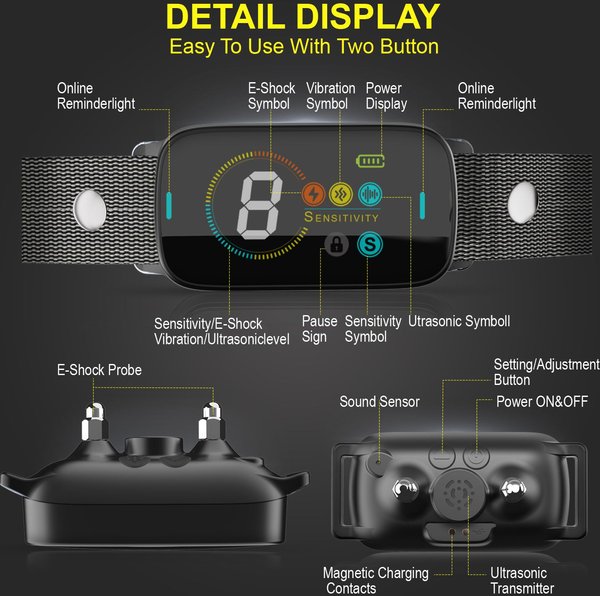 Show full view: GroovyPets Color Screen Ultrasonic Auto Anti-Bark Dog Collar, Black slide 2 of 8