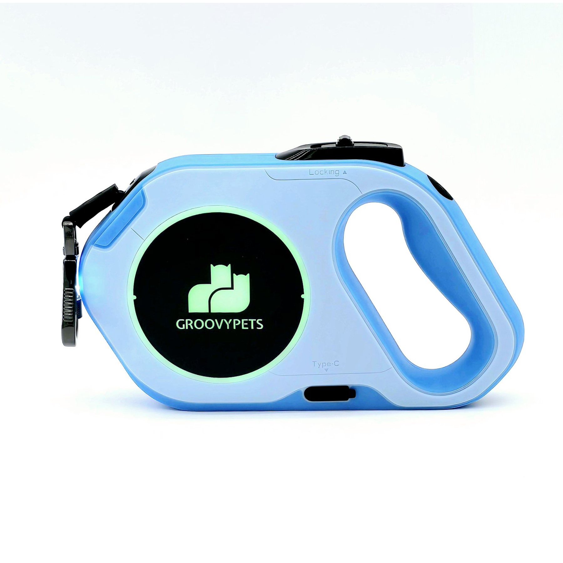 GroovyPets LED Flashlight Color Streamer Ring Nylon Retractable Dog Leash, 16-ft long, 3/8-in wide, Blue