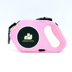 GroovyPets LED Flashlight Color Streamer Ring Nylon Retractable Dog Leash, 16-ft long, 3/8-in wide, Pink