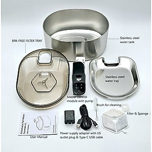 GroovyPets Stainless Steel Cordless Rechargeable Dog & Cat Water Fountain, 152-oz