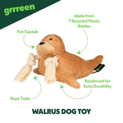 Show full view: Grrreen Walrus Squeaky Plush Dog Toy, Brown, Medium slide 3 of 7