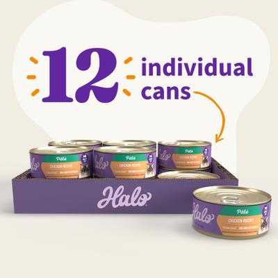 Show full view: Halo Adult Grain-Free Pate Chicken Recipe Wet Cat Food, 5.5-oz can, case of 12 slide 4 of 10