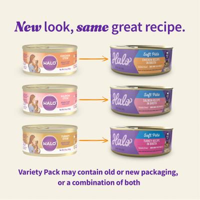 Show full view: Halo Chicken, Salmon, Turkey Variety Pack Adult Grain-Free Soft Pate in Broth Wet Cat Food, 5.5-oz, case of 12 slide 3 of 9