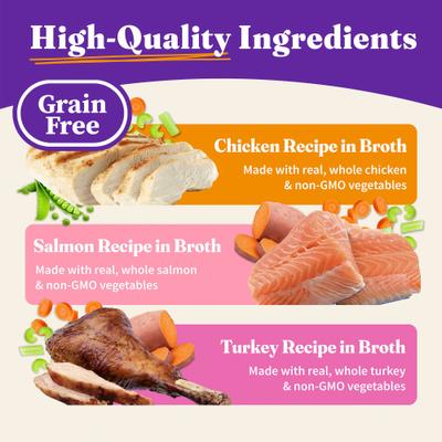 Show full view: Halo Chicken, Salmon, Turkey Variety Pack Adult Grain-Free Soft Pate in Broth Wet Cat Food, 5.5-oz, case of 12 slide 5 of 9