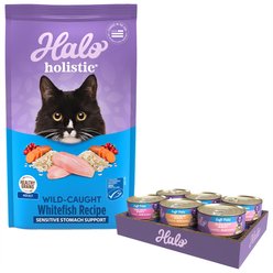 Halo Chicken, Salmon, Turkey Variety Pack Canned Food + Holistic Seafood Medley Sensitive Stomach Dry Cat Food