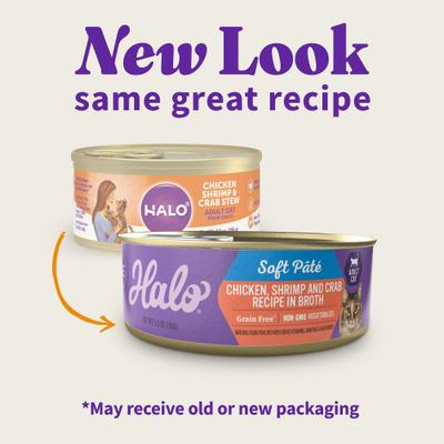 Show full view: Halo Chicken, Shrimp & Crab Adult Grain- Free Soft Pate in Broth Wet Cat Food, 5.5-oz can, case of 12 slide 3 of 13