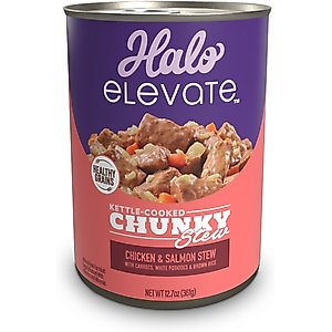 Halo Elevate Kettle Cooked Chunky Healthy Grains Chicken & Salmon Stew with Carrots, White Potatoes & Brown Rice Wet Dog Food, 12.7-oz can, case of 6