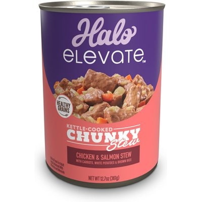 Halo Halo Elevate Kettle Cooked Chunky Healthy Grains Chicken & Salmon Stew with Carrots, White Potatoes & Brown Rice Wet Dog Food, 12.7-oz can, case of 6