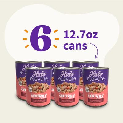 Show full view: Halo Elevate Kettle Cooked Chunky Healthy Grains Chicken & Salmon Stew with Carrots, White Potatoes & Brown Rice Wet Dog Food, 12.7-oz can, case of 6 slide 3 of 9
