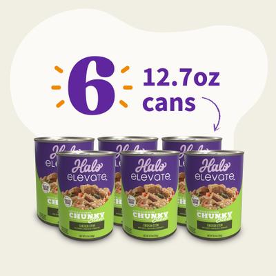 Show full view: Halo Elevate Kettle Cooked Chunky Healthy Grains Chicken Stew with Carrots, Green Beans & Brown Rice Wet Dog Food, 12.7-oz can, case of 6 slide 3 of 8